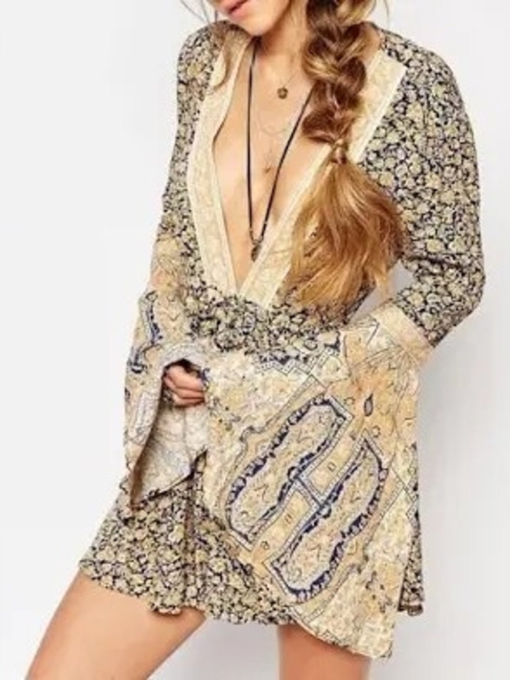 Free People Boho Open-Back Floral Bell-Sleeve Romper M - Picture 3 of 7